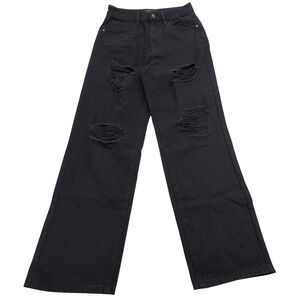Fashion Nova Distressed High Rise Wide Leg Jeans Womens Size 5 Black Denim